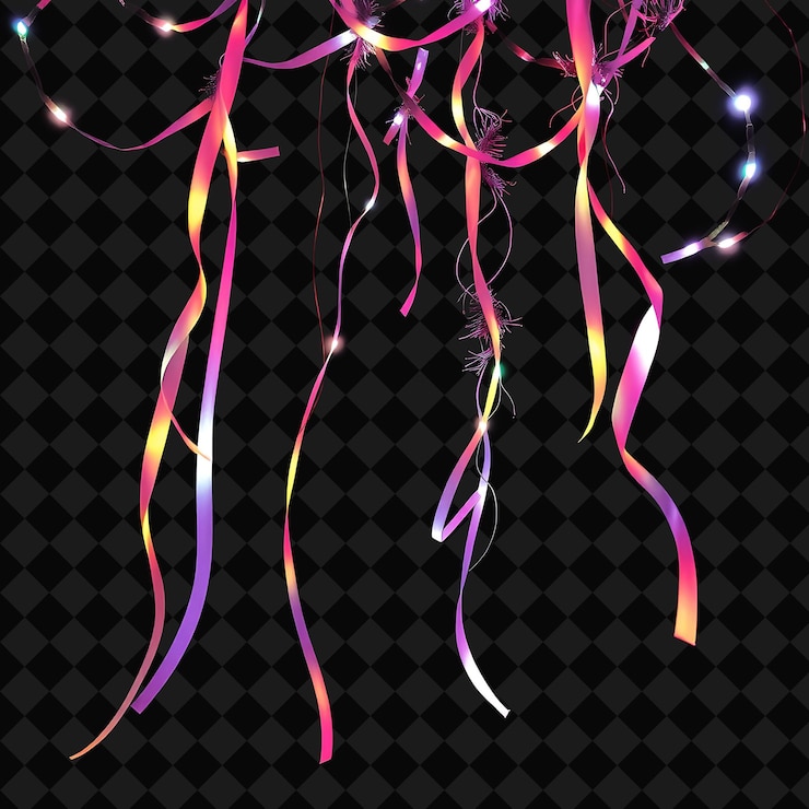 PSD decorative string ribbon streamers y tinsel strands las luces de neón envuelven alrededor de los streamers castin