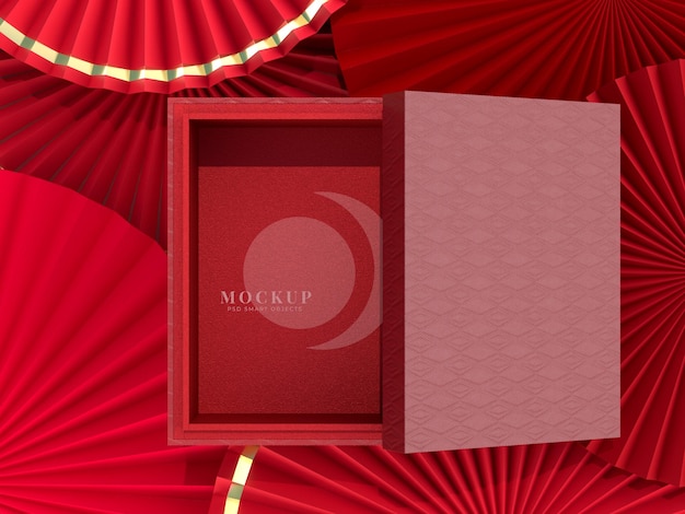 Decorazione cinese del nuovo anno del medaglione del ventaglio di carta con il modello della scatola. Concetto di sfondo di festival di felice anno nuovo cinese. Rendering 3D