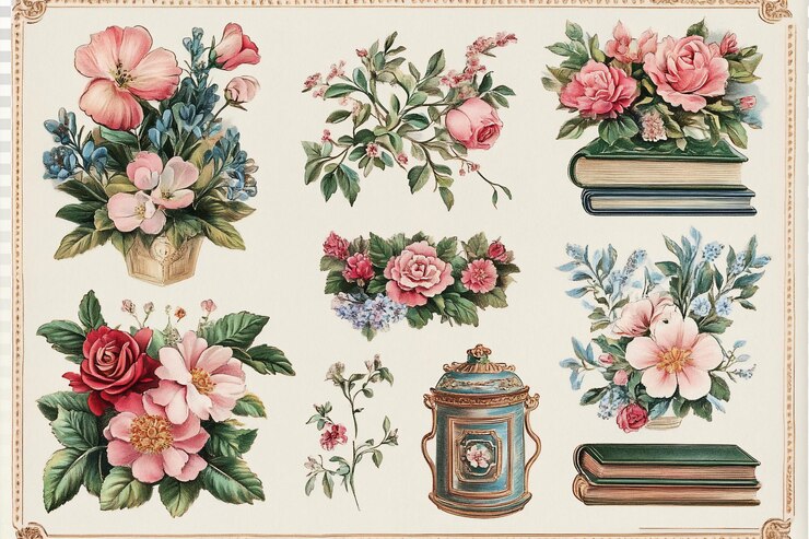 PSD decorazione vittoriana primaverile per un club romantico del libro