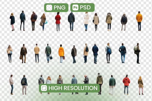 Des découpes PNG et PSD haute résolution Diverses personnes marchant en arrière offrant divers styles de vêtements et poses naturelles pour une intégration sans couture dans les conceptions idéales pour les illustrations urbaines ou urbaines