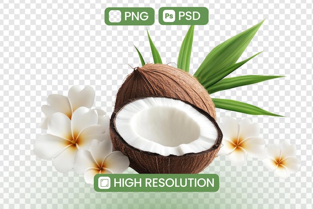 Découvrez le délice tropical Une image en haute résolution d'une noix de coco fraîche parfaitement tranchée avec des feuilles vertes luxuriantes et des fleurs de plumeria blanches délicates émettant des vibrations d'été et une beauté naturelle