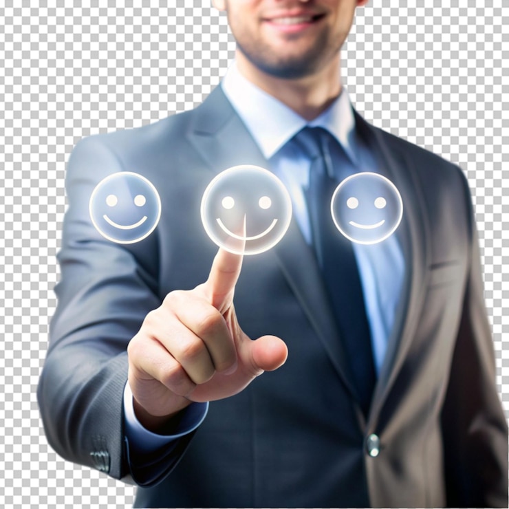 PSD dedo de empresário tocando e desenhando rosto emoticon sorriso no conceito de serviço ao cliente