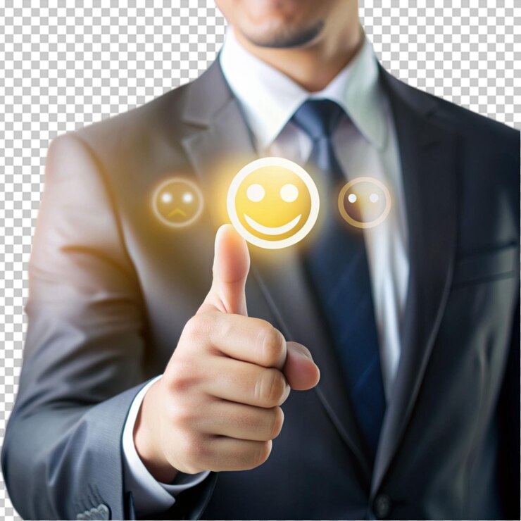 PSD dedo de hombre de negocios tocando y dibujando cara emoticon sonrisa en el concepto de servicio al cliente
