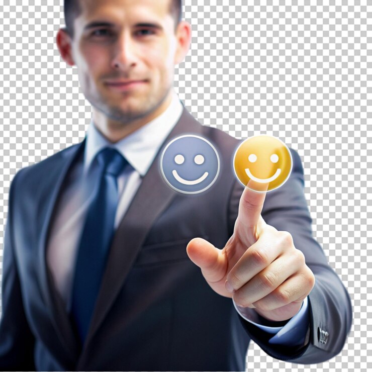 PSD dedo de hombre de negocios tocando y dibujando cara emoticon sonrisa en el concepto de servicio al cliente