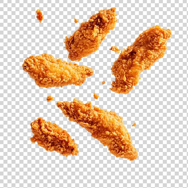 Los dedos de pollo crujientes caen en el aire aislados en un fondo transparente