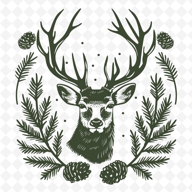PSD deer line art con conie di pino e rami sempreverdi per deco outline scribble arts of nature decor
