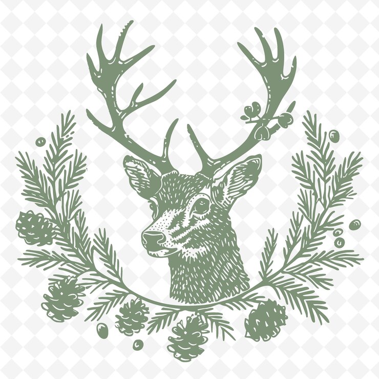 PSD deer line art con conie di pino e rami sempreverdi per deco outline scribble arts of nature decor