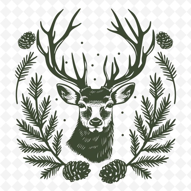 PSD deer line art mit kiefernkegel und immergrünen zweigen für deco outline scribble arts of nature dekor