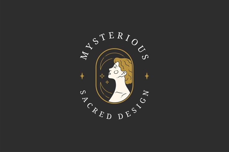 PSD déesse mythique dans un cadre circulaire avec une demi-lune et des étoiles logo minimaliste plat