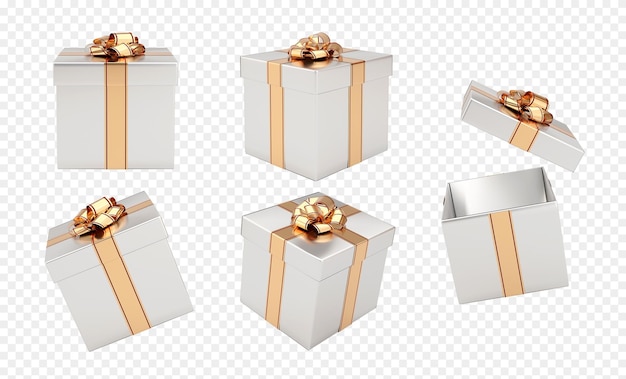 Définir Des Coffrets Cadeaux Avec Des éléments D'arc Et De Ruban D'or Isolés Sur Fond Blanc