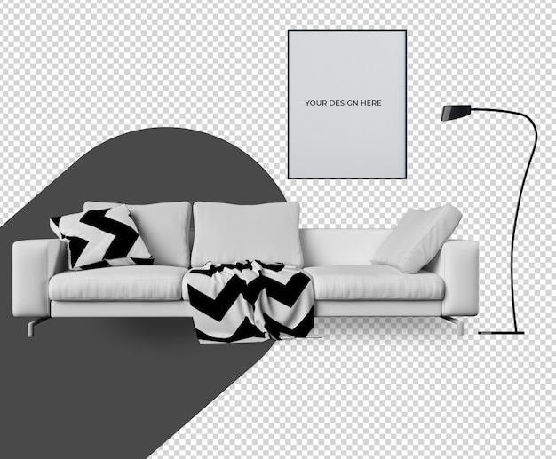 Definir decorações com sofá, molduras, renderização de lâmpada