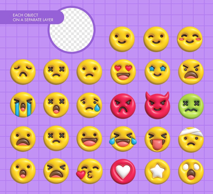 PSD définir l'icône sourire emoji grande collection sourire émoticône style dessin animé jaune brillant émotions visage rond