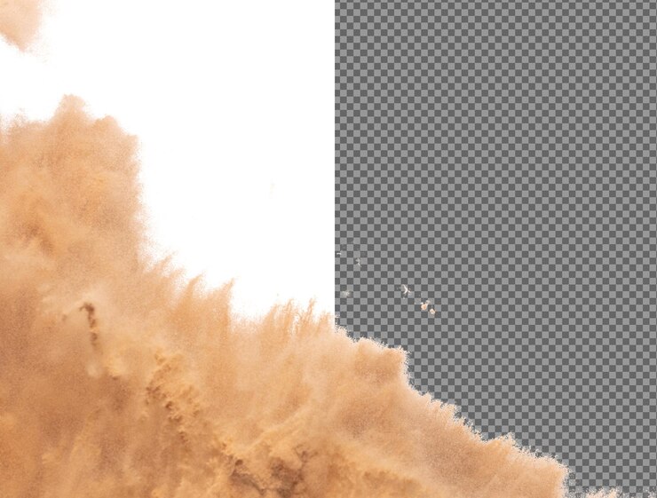 PSD défousser l'image d'une petite explosion volante de sable fin onde de grain doré explosion souffle nuage de sable abstrait éclaboussure de sable de couleur jaune dans l'air fond blanc fermeture isolée de l'obturateur à haute vitesse
