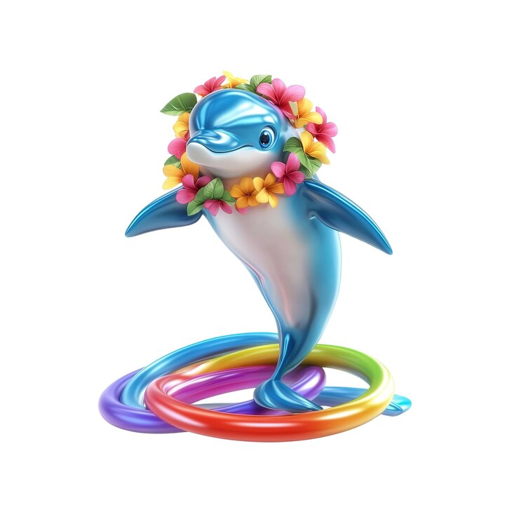 PSD delfín juguetón con anillos de arco iris y corona de flores ilustración divertida de verano