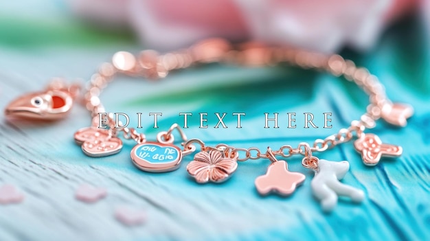 Delicada pulsera de oro rosa con amuletos florales y animales en fondo turquesa