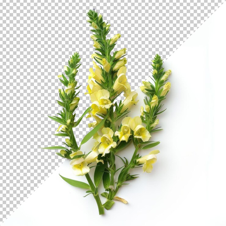 PSD delicadas flores amarillas con hojas verdes dispuestas con gracia sobre un fondo blanco que muestran la belleza de las flores de la naturaleza
