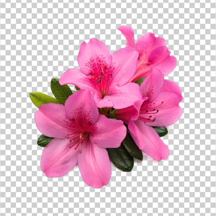 PSD delicadas flores de azalea rosadas con hojas verdes aisladas sobre un fondo transparente