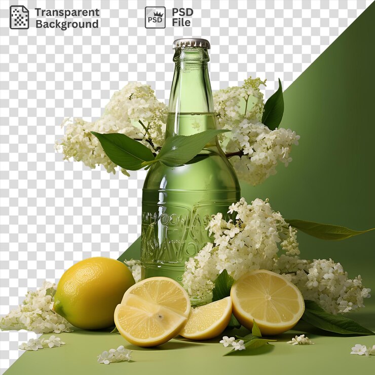 PSD delicado cordial de flor de saúco en una botella de vidrio acompañado de hojas verdes y una flor blanca contra una pared blanca