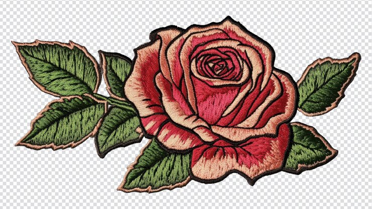PSD delicado diseño de bordado de rosa con hojas verdes en un fondo transparente que muestra detalles intrincados de costura