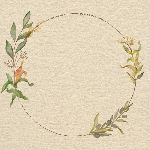 Delicado diseño de corona floral en acuarela en papel texturizado con verdes y tonos cálidos