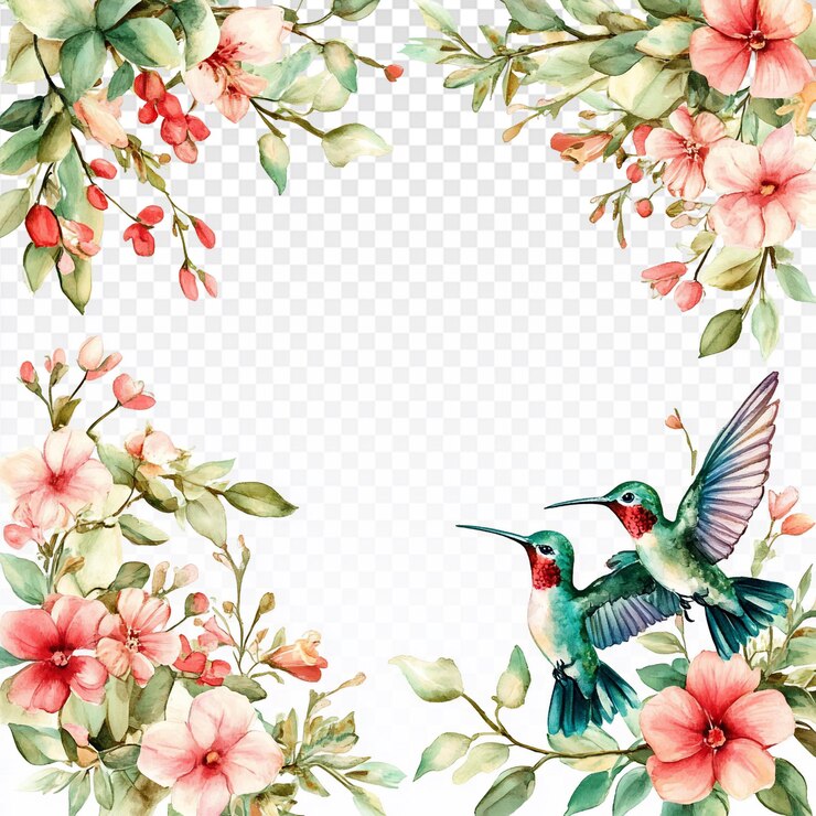 PSD delicado marco floral de acuarela con colibríes