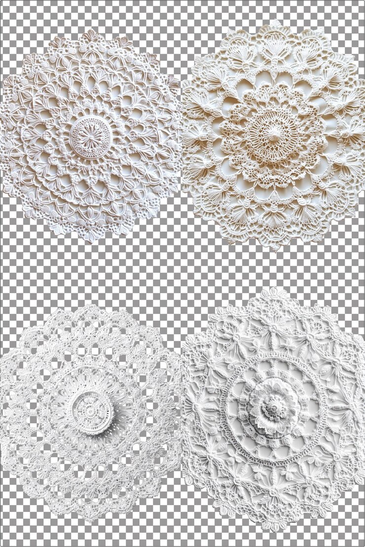 Delicate Lace Doily Decoración de mesa elegante e intrincada Hiperrealista PNG aislado con Trans claro