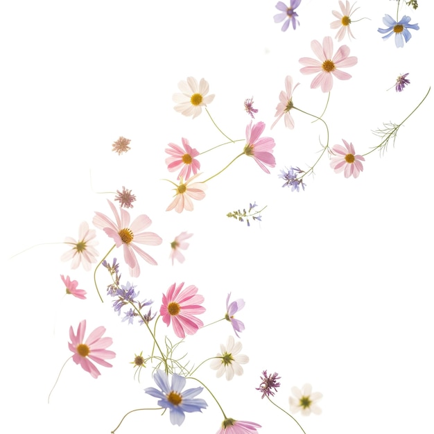 Delicati fiori del cosmo che galleggiano sul bianco