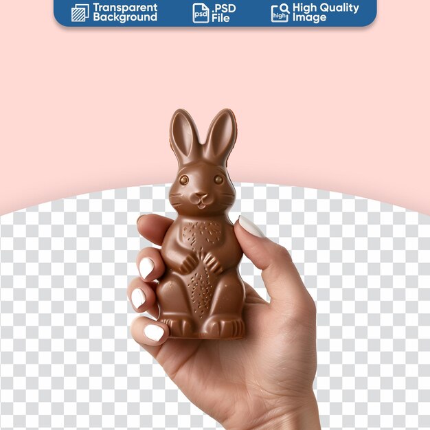 PSD delícia de páscoa com um coelho de chocolate na mão de uma mulher e um coelho da páscoa de chocolate