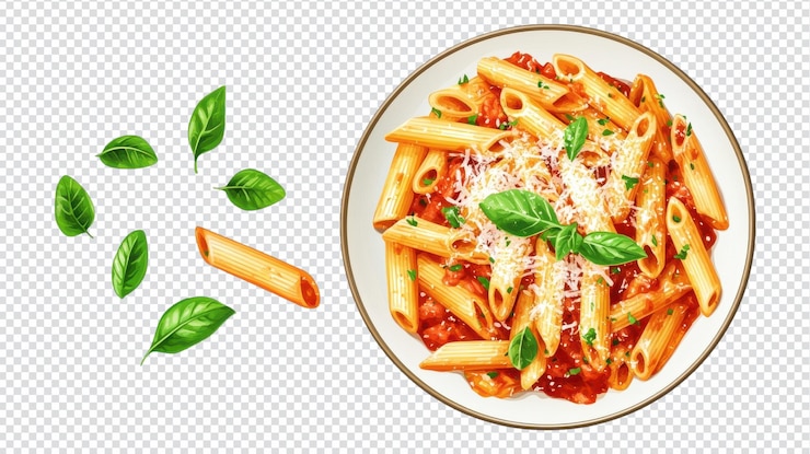 PSD une délicieuse assiette de pâtes de penne avec de la sauce tomate et du basilic frais garnis sur une assiette blanche capturée sur un fond transparent