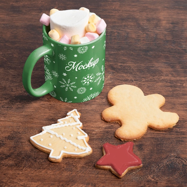 PSD délicieuse boisson et biscuits à angle élevé