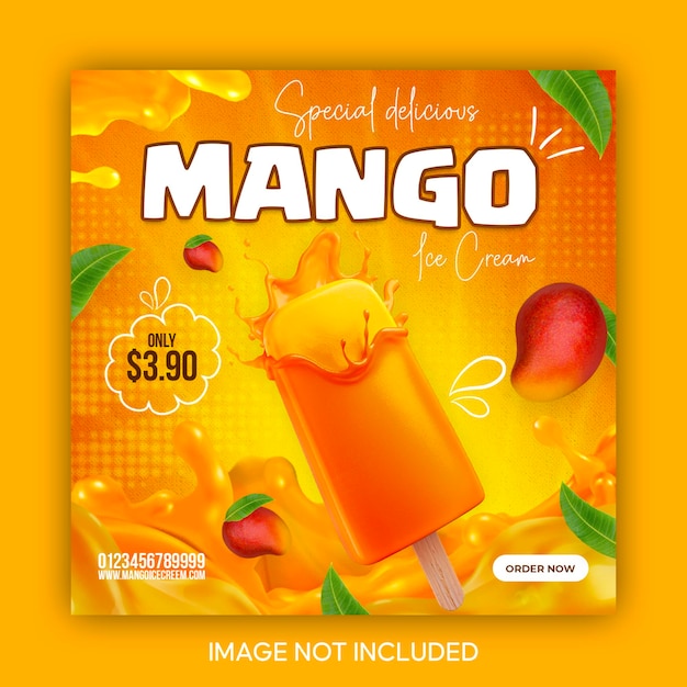 Délicieuse crème glacée à la mangue avec splash médias sociaux modèle Instagram bannière post design