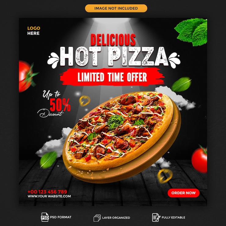 PSD délicieuse pizza fast food menu et restaurant médias sociaux modèle de publication instagram bannière psd