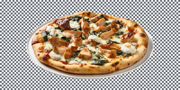 PSD délicieuse pizza florentine au poulet isolée sur fond transparent
