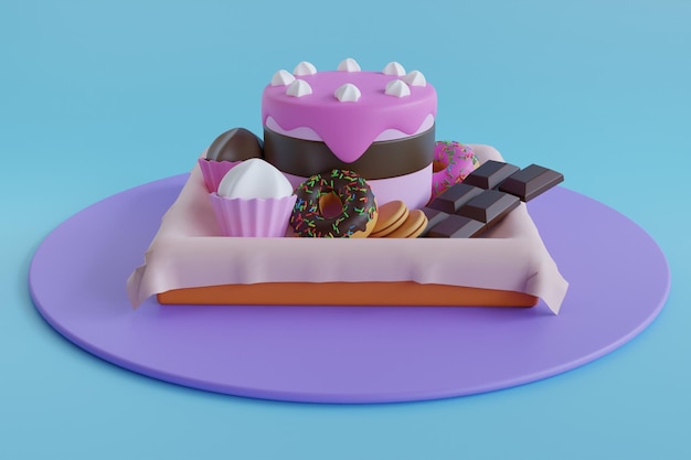 Délicieuse table de desserts Divers biscuits, beignets, gâteaux, gâteaux au fromage et chocolat Illustration 3D