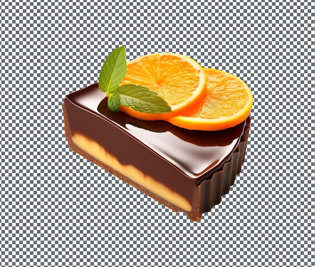 PSD délicieuse tranche de chocolat et de tarte d'orange isolée sur un fond transparent