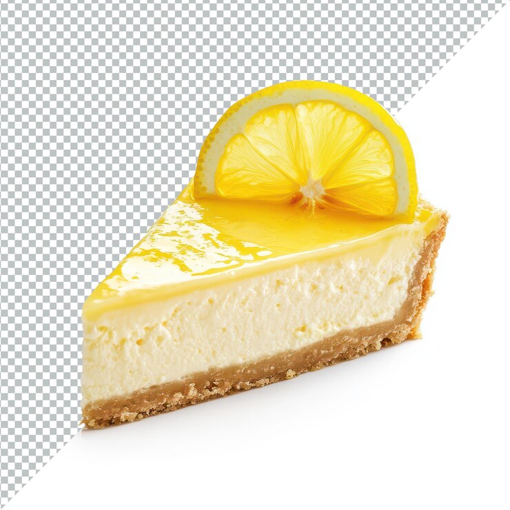 Délicieuse tranche de gâteau au fromage au citron cuit au four sur un fond transparent avec une garniture de citron gâteau au cheese au citron coulé isolé sur un fond transparente