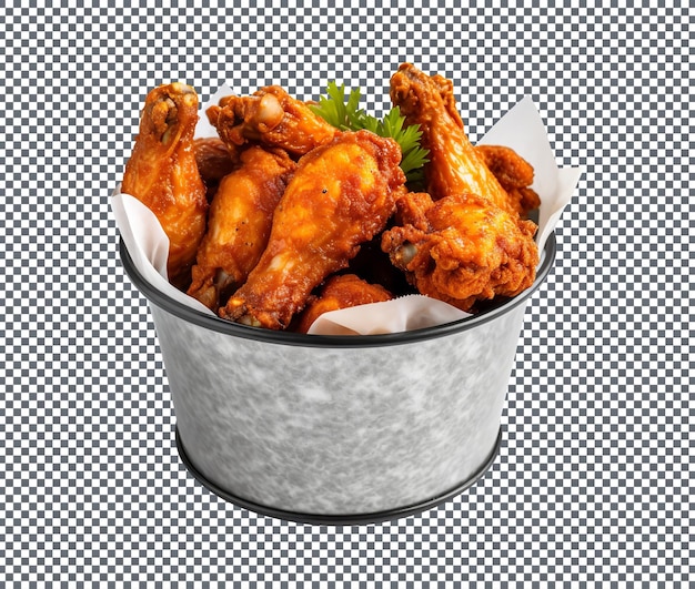 Délicieuses ailes de poulet frites dans des seaux isolés sur un fond transparent