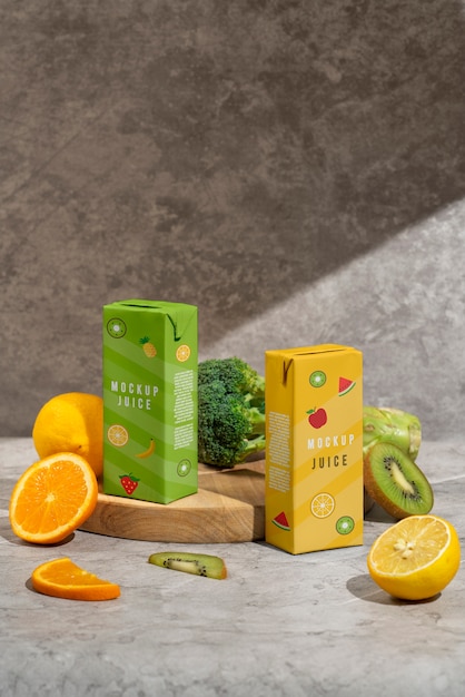 PSD délicieuses boîtes de jus et citrons