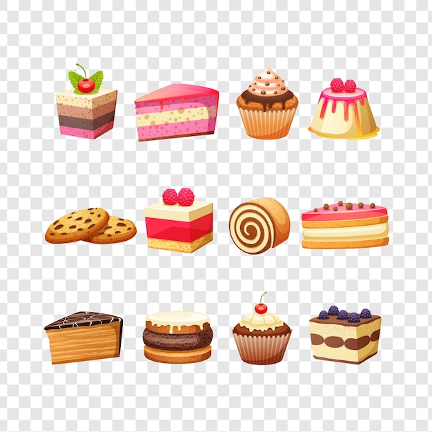 Un délicieux assortiment de gâteaux et de desserts isolés sur un fond transparent