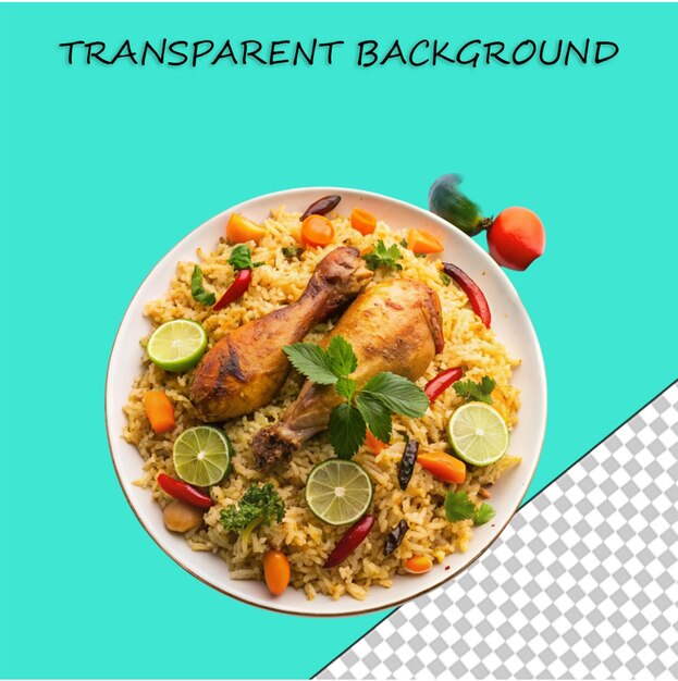 PSD un délicieux biryani de poulet avec des tranches de légumes sur un fond transparent