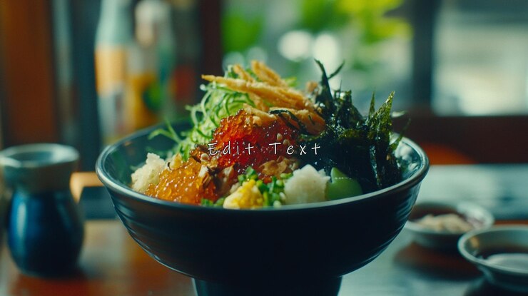 PSD délicieux bol de fruits de mer japonais avec du riz, du caviar, des algues et des oignons.