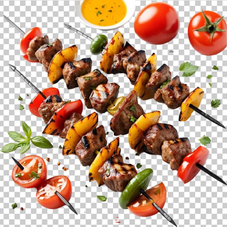 Délicieux brochets de viande grillée avec des tomates et du persil