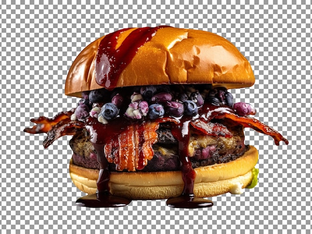 PSD délicieux burger au bacon barbecue aux bleuets sur fond transparent