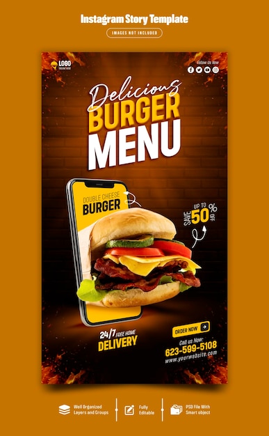 PSD délicieux burger et menu alimentaire modèle d'histoire instagram psd premium