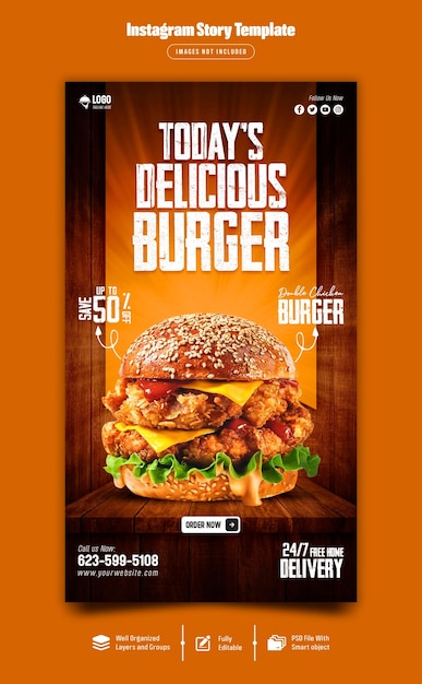 PSD délicieux burger et menu alimentaire modèle d'histoire instagram psd premium