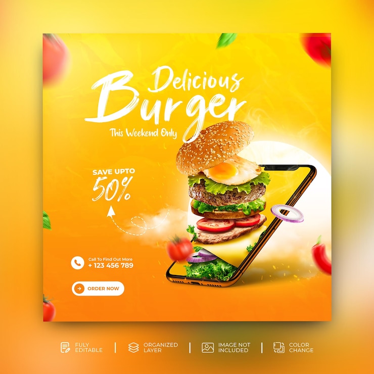 PSD délicieux burger et menu alimentaire promotion des médias sociaux modèle de bannière carrée psd