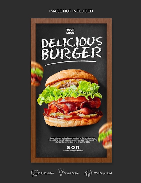 PSD délicieux burger menu instagram et modèle d'histoire de médias sociaux