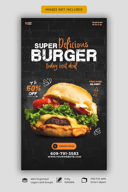 PSD délicieux burger et menu de nourriture modèle d'histoire instagram et facebook