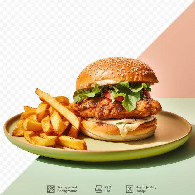 PSD délicieux burger de poulet avec pommes de terre sur une assiette