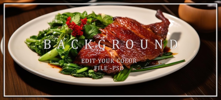 PSD délicieux canard rôti avec des légumes verts